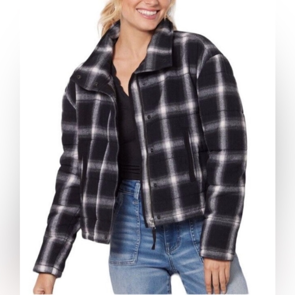 Evereve M Lucy Plaid Jacket New Black White Boxy Insulated Zips And And Snaps